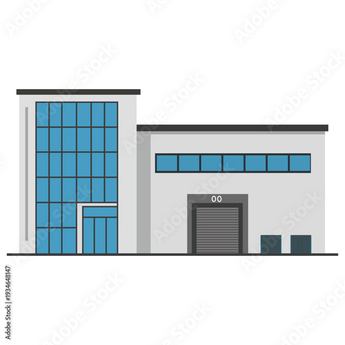 Modern industrial building with large glass windows and a loading dock door