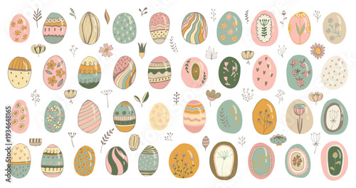 Collection of decorative Easter eggs with floral and abstract patterns in soft pastel colors. Cute hand drawn set with spring elements isolated on light background. Vector illustration.