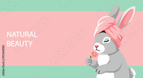 Cute cartoon rabbit with a pink towel on its head holding a flower, representing natural beauty
