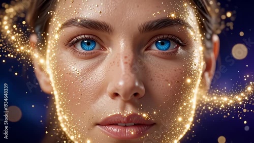 Golden Particle Aura Woman Blue Eyes Cosmic Sparkle Background