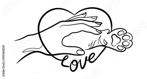 Stylized image of a woman's hand and a cat's paw. The drawing is made with black lines of varying thickness, the word LOVE is written in the line