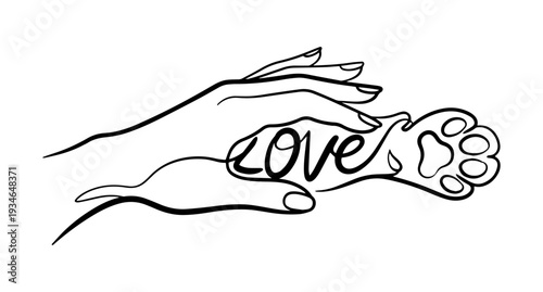 Stylized image of a woman's hand and a cat's paw. The drawing is made with black lines of varying thickness, the word LOVE is written in the line