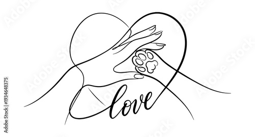 Stylized image of a woman's hand and a cat's paw. The drawing is made with black lines of varying thickness, the word LOVE is written in the line