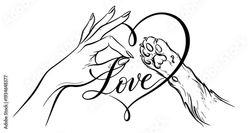 Stylized image of a woman's hand and a cat's paw. The drawing is made with black lines of varying thickness, the word LOVE is written in the line