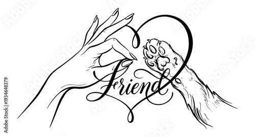 Stylized image of a woman's hand and a cat's paw. The drawing is made with black lines of varying thickness, the word Friend is written in the line. Minimalism. Tattoo