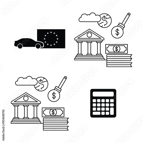 Black and white finance and transportation bank money calculator euro symbol