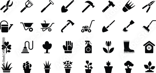 Assortment of black garden tool and plant icons arranged in rows on a white background tools collection