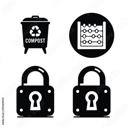 Black of compost bin, locks, and abacus on white recycling symbol padlocks