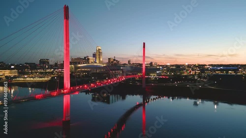 Omaha, Nebraska, USA Skyline on the Missouri River at dusk.