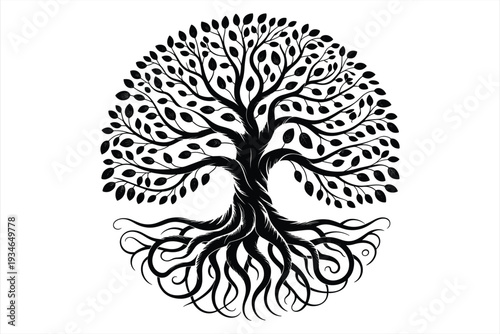 Black silhouette of a circular tree of life with intricate roots and branches on a white background black and white