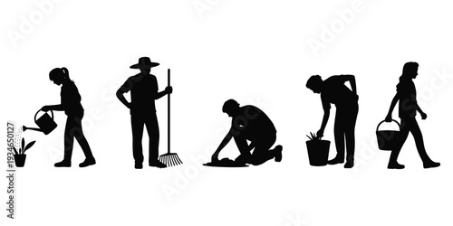 Black Silhouettes of People Gardening and Watering Plants on White Background planting