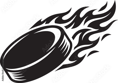 Flaming Ice Hockey Puck Silhouette with Tribal Flames