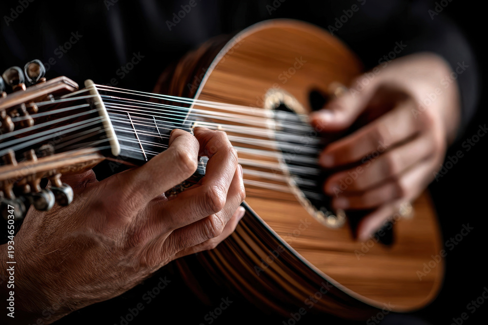 Fototapeta premium Playing a traditional string instrument with skill and passion in a dimly lit setting