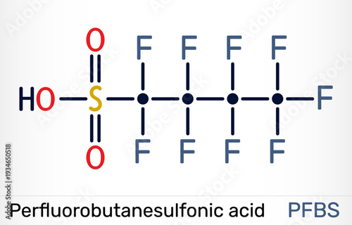 Perfluorobutanesulfonic acid or PFBS molecule. PFAS environmental pollution and water contamination. Vector illustration