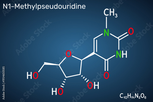 N1-methylpseudouridine molecule. Modified nucleoside used for enhancing mRNA translation, used in mRNA vaccines. Dark blue background. Vector illustration