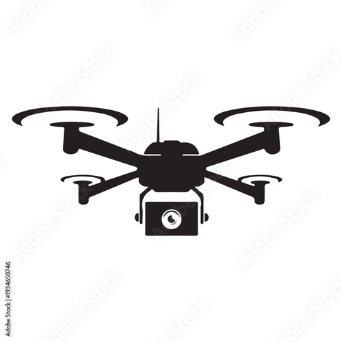 Black Silhouette Quadcopter Icon with Camera on White Background
