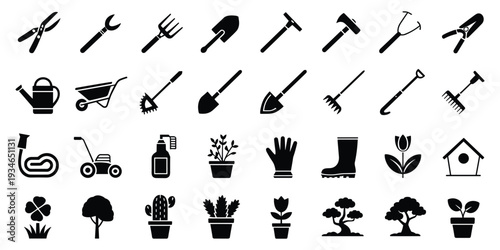 Collection of black garden tool and plant icons on a white background tools