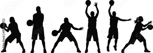 Basketball, silhouettes, athlete, sports, woman, player, action, dribbling, shooting, jumping, competition, fitness, exercise, court, dynamic