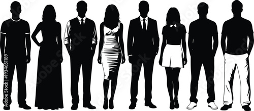 Black and White Silhouette of Diverse People Standing in a Row Wearing Various Fashion Styles from Casual T-shirts to Formal Business Suits