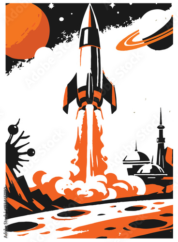  Bold retro-style illustration of a rocket launch over an alien landscape, featuring planets, a ringed planet, moon base domes and a futuristic skyline evoking adventure.