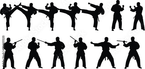 Black Martial Arts Silhouette Vector Set Featuring Karate Fighters Kicking and Using Training Sticks Isolated on White Background for Sports Design