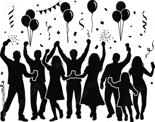 A group of people celebrating with balloons and confetti