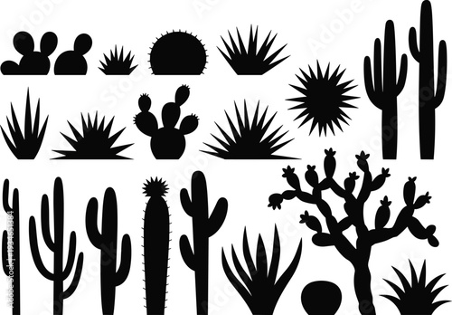 Collection of black silhouette icons of various desert cacti and succulents Keywords: cactus, succulent, desert, silhouette