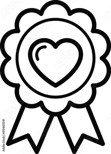 A black and white line drawing of a heart shaped award ribbon icon with a circular center and flowing tails