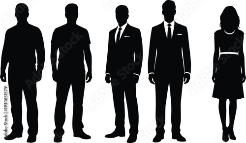 Black Silhouette of Diverse People Standing in a Row Wearing Various Fashion Styles from Casual T-shirts to Formal Business Suits