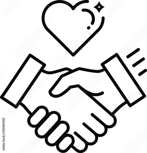Handshake with heart symbol representing partnership love and friendship in a simple line drawing