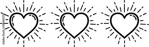 Three radiant heart symbols in a row