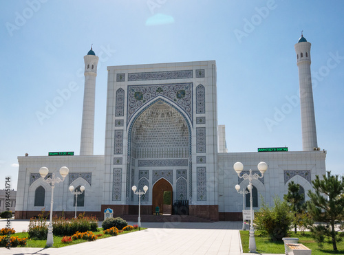 Central entrance to the Minor mosque with two minarets in Tashkent, Uzbekistan