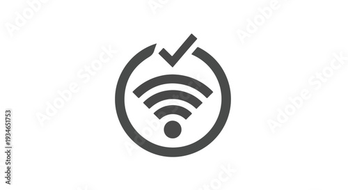 A simple black Wi-Fi symbol with a checkmark inside a circle on a white background.