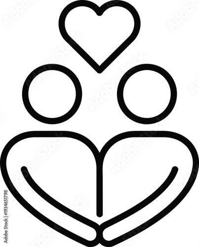 A minimalist line drawing of a person with two circles for eyes and a large heart surrounding their body with a smaller heart above