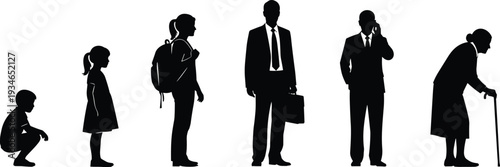 Black Silhouette Set of Human Life Cycle Stages from Childhood and School Years to Professional Business Career and Elderly Senior Age
