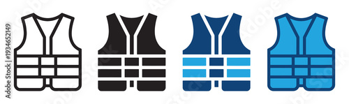 Life Jacket Icon Set for Water Safety and Outdoor Adventure Designs. Vector Safety Vest Icons for Boating, Swimming, and Rescue Illustrations.