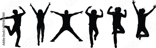 Black Silhouette Set of Happy Young People Jumping and Cheering in Various Active Poses Isolated on White Background for Professional Stock Vector