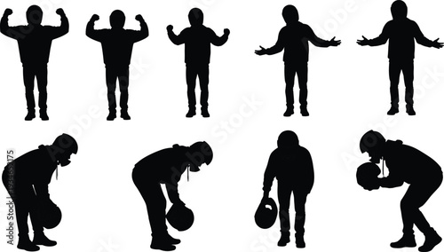 Black Silhouette Set of Motorcyclist Characters in Various Poses Wearing Helmets and Jackets Isolated on Plain White Background Vector