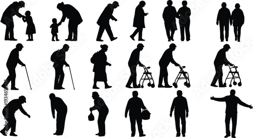 Black silhouette vector set of elderly people, grandparents with grandchildren, seniors walking with canes, walkers, and aging lifestyle icons on white