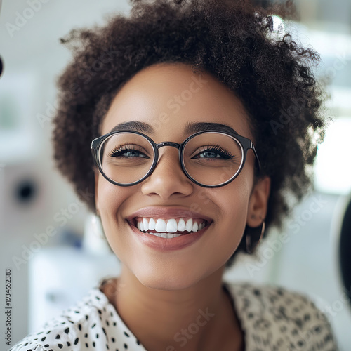 Smiling woman with glasses in a bright indoor setting
