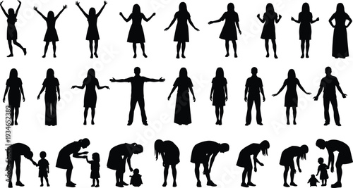 Black silhouette vector set of women in dresses, men standing, and mothers with children in various poses isolated on white background.
