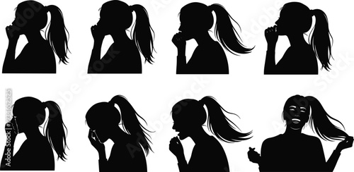 Black silhouettes of a woman's head with ponytail showing different facial expressions and emotions isolated on a white background