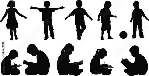 Black silhouettes of diverse children playing and sitting while reading or writing isolated on a white background for education and childhood concepts