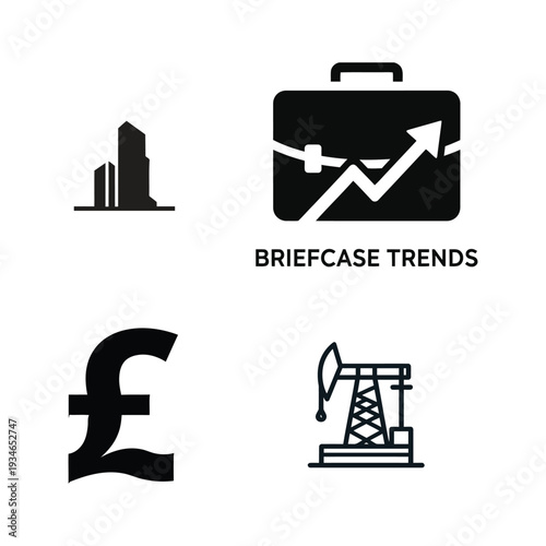 Business and industry including briefcase, graph, pound sign, and oil rig
