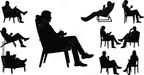 Black silhouettes of people sitting in chairs drinking coffee and reading books isolated on white background for leisure and relaxation