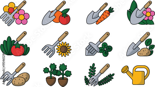 Colorful cartoon icons of gardening tools and plants with fruits and vegetables illustration