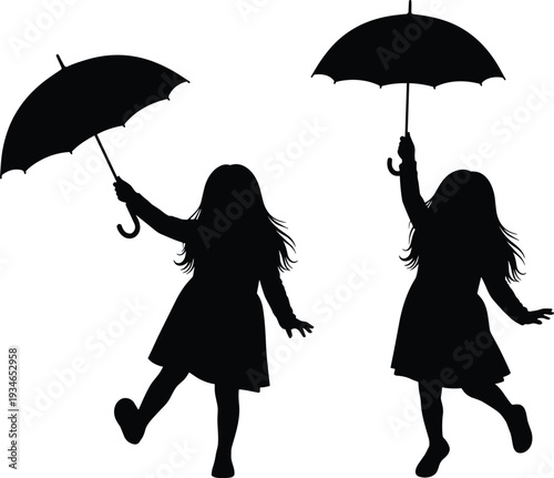 Black silhouettes of young girls holding umbrellas and dancing happily, capturing the joy of playing outside during a light rain shower