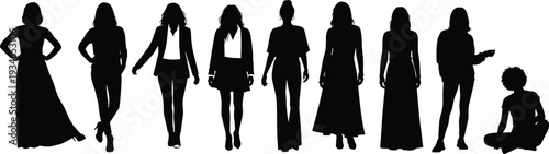 Collection of diverse female silhouettes wearing fashion outfits and professional business attire standing in various poses isolated on white background