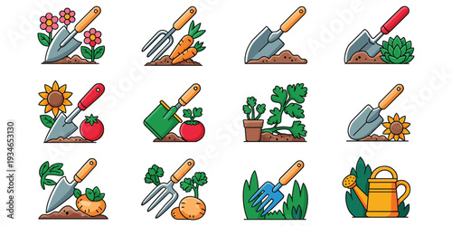 Colorful flat design icons of gardening tools and plants on white background Keywords: gardening, garden, tools, plants, flowers