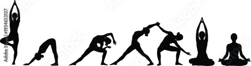 Collection of female yoga silhouettes practicing meditation and fitness poses including tree pose and downward dog isolated on white background